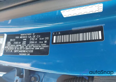 2022 Kia Forte Gt-Line from USA, damaged, VIN 3KPF54AD9NE421038